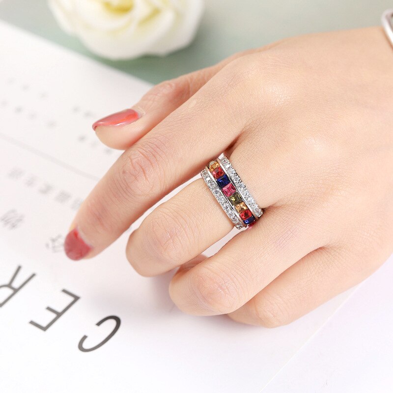 Luxury Jewelry Rings For Women Princess Cut 12 CT Multi Zircon Silver Color Engagement Anillos Wedding Crown Ring Party