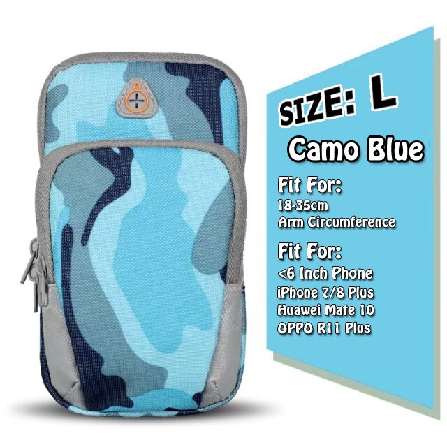 Mobiele Telefoon 6 Inch Sport Armband Running Case Voor iPhone X 8 Plus Galaxy S9 Waterdicht Camo Nylon Outdoor GYM bag Headset Poort: Camo Blue (L)