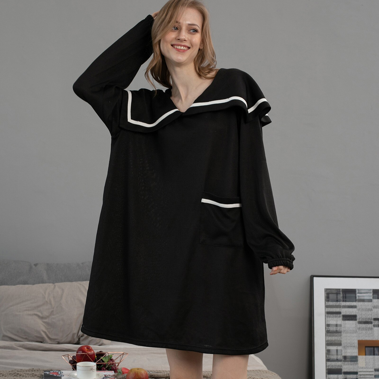 Women Sleepwear Loose Nightdress V-neck Solid Color Long-sleeved Soft Casual Homewear Nightwear mujer invierno