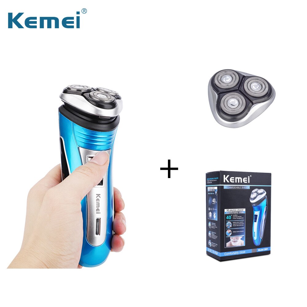 Kemei Electric Shaver Men Razor Rechargeable Beard Shaving Machine Trimmer Hair Cutter: Blue With 2 Heads / UK Plug
