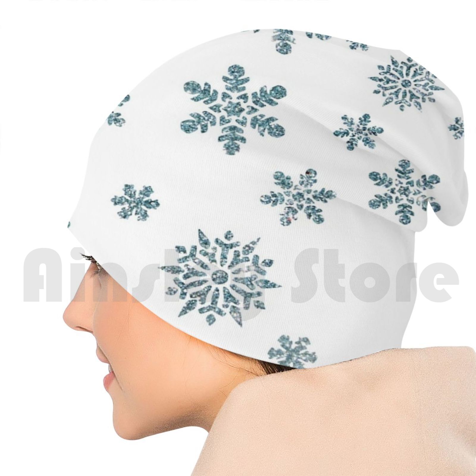 Snowflakes-Snow Beanies Pullover Cap Comfortable Winter Snow Flake Blue Sparkling Flakes Year Year End Party