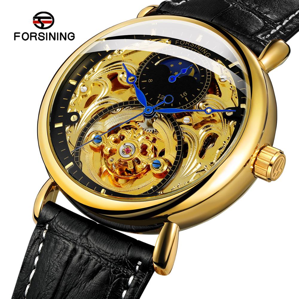 Forsining Luxe Skeleton Klok Man Moon Phase Mode Blauwe Handen Waterdicht Mannen Automatische Horloges Top Luxe