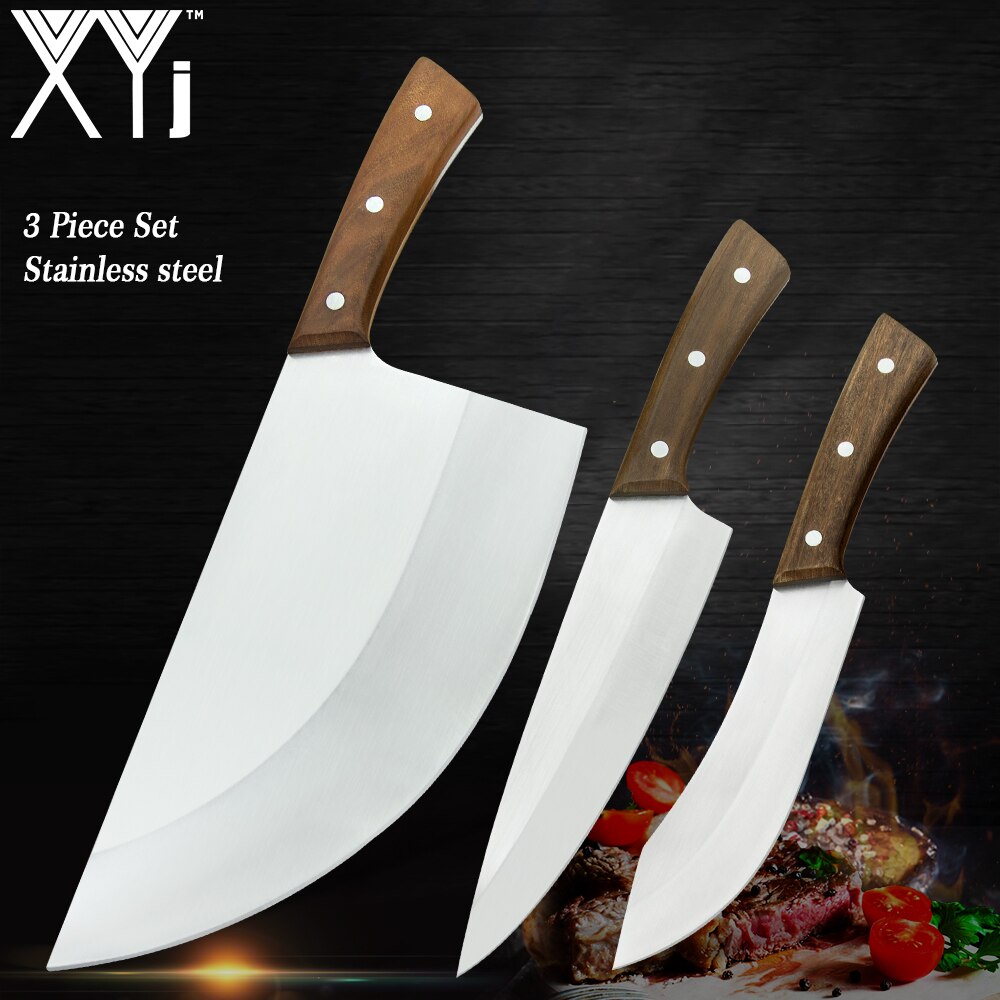 Xyj 3 stk rustfrit stål kinesisk slagterkniv sæt serbisk kok udbeningskniv værktøj kløver filetering bred kniv håndlavet smedet