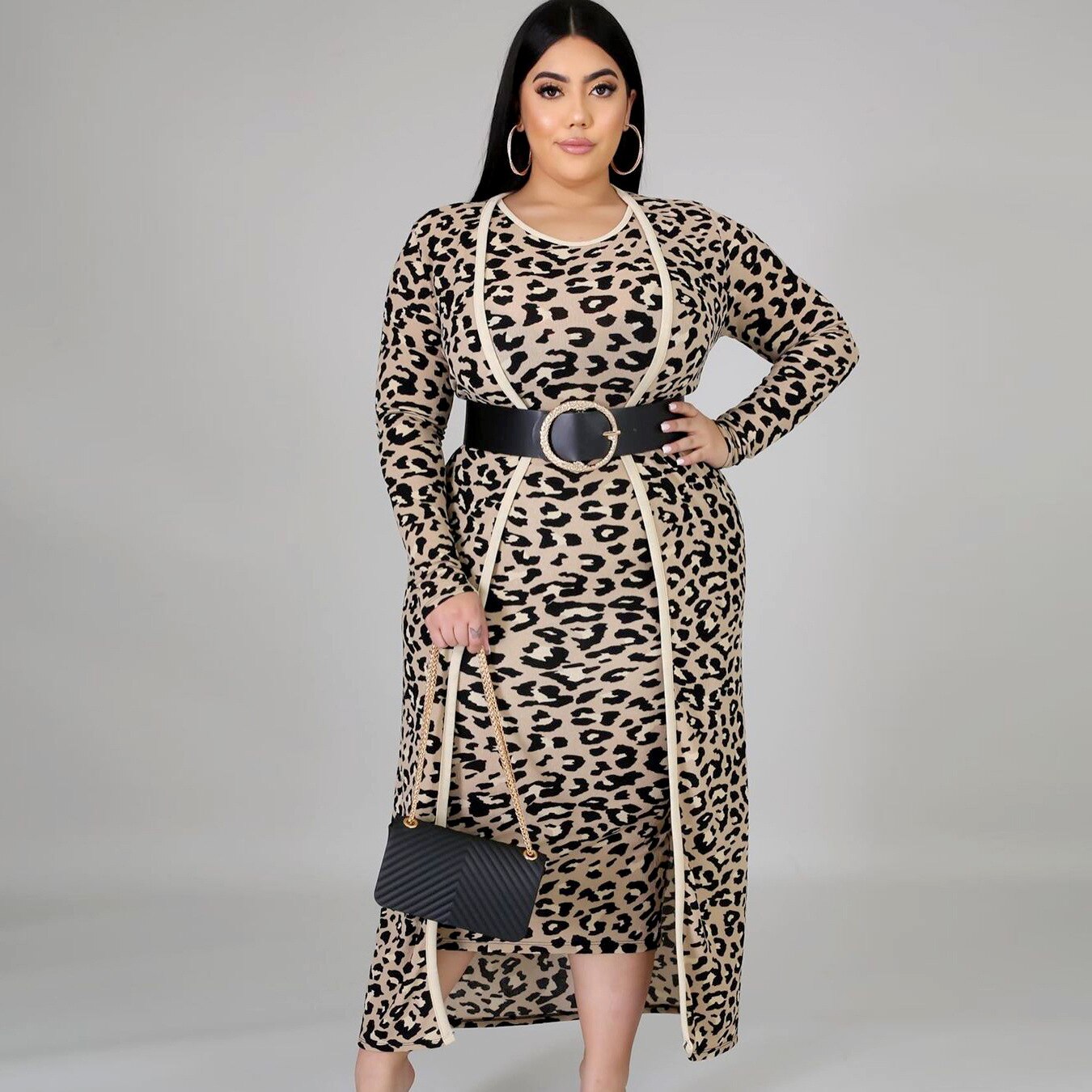 Cm.yaya plus size xl -4xl leopardprint dame- og #39 ;s sæt langærmede lange kappe toppe bodycon midikjole todelt matchende sæt outfits: Leopard / Xxl