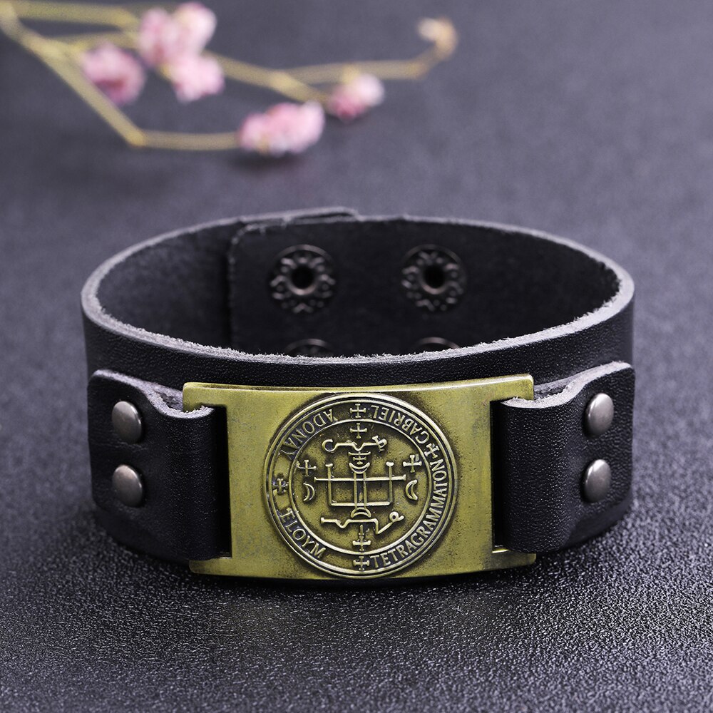 Skyrim Sigil Van Aartsengel Viking Brede Leren Armband Michael Raphael Talisman Vintage Angel Gothic Vermogen Bangles Man Sieraden: black-bronze