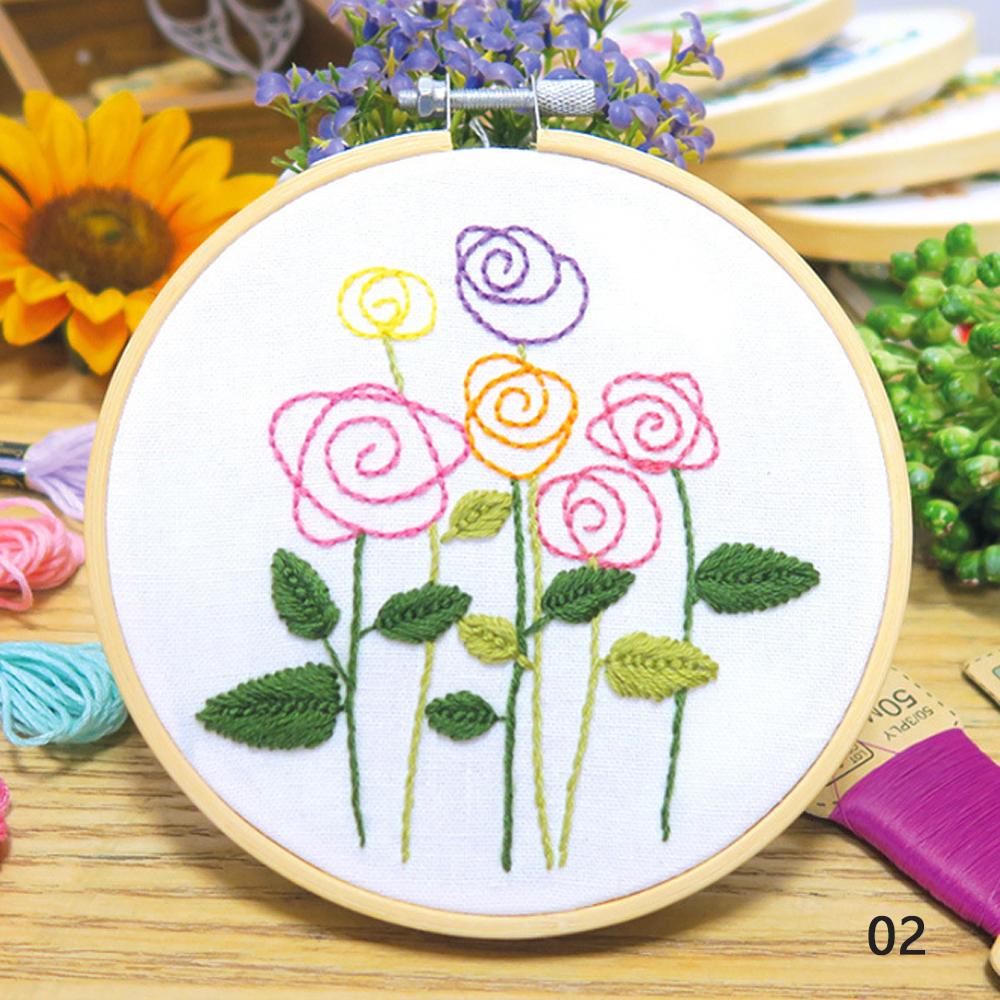 Cute Green Hands DIY Handcraft Beginners Embroidery Kit Needlework Stitch Kit Cotton Painting Embroidery With Hoop Home Decor: Rose