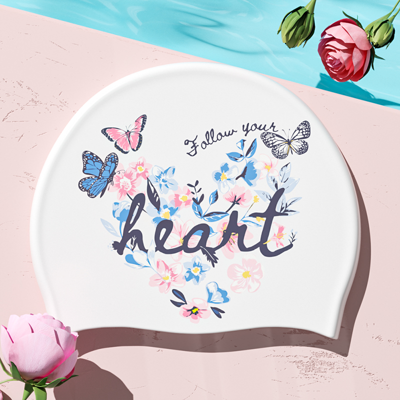 Stylish Silicone Swimming Cap Waterproof No Leaking Printed Swim Cap Shower Pool Keep Hair Dry: WHITE