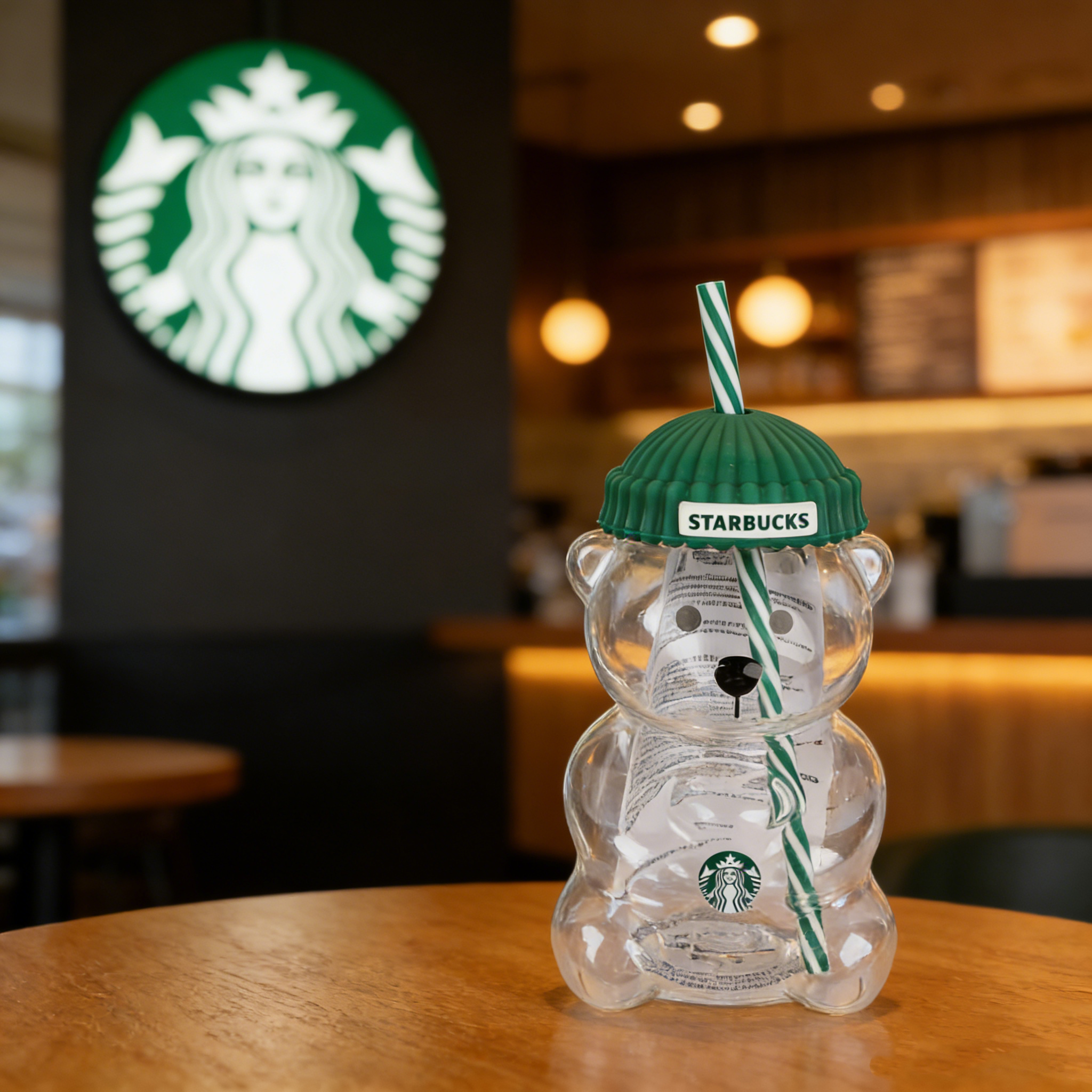 Starbucks Bearista Bären-Glasbecher 591ml Grüner Deckel Strohhalm Café Zuhause