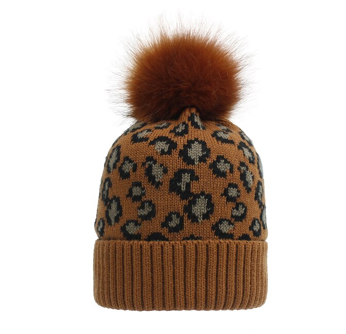 Herfst winter luipaard print wol gebreide muts warme oversized haarbal dikke warme muts pompon: Bruin