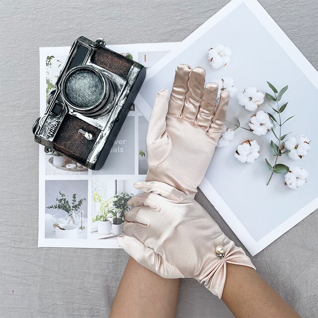 Women's Summer Thin Short Satin Elastic Etiquette Dress Gloves Pearl Lace Bow UV Sunscreen Cycling Driving Mittens K69: Champagne