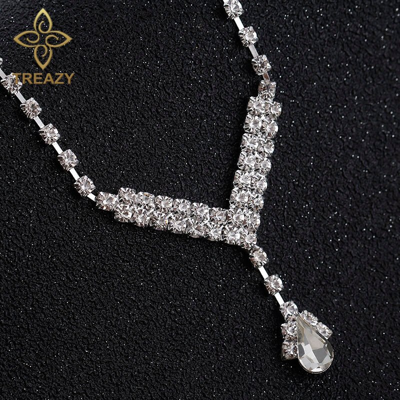 TREAZY Simple V Shape Teardrop Bridal Bridesmaid Jewelry Sets Crystal Wedding Jewelry Necklace Earrings Set for Women