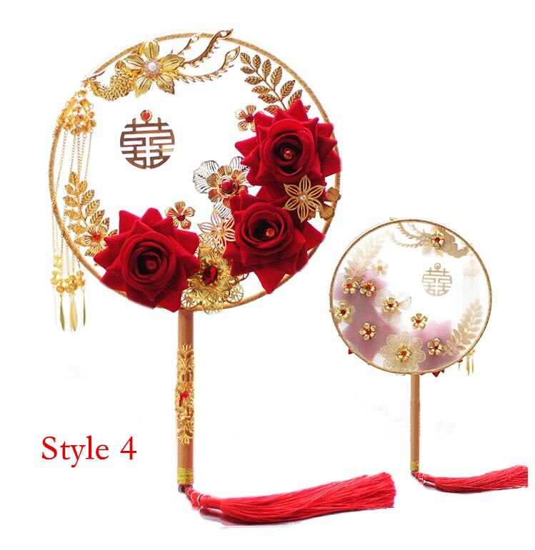 JaneVini Luxe Gouden Bloemen Fan Ronde Rode Roos Kunstmatige Bruidsboeket Chinese Stijl Parel Kralen Wedding Boeket Bruid Fans: Style 4