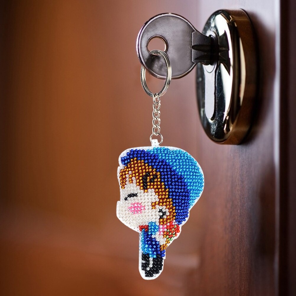 Llaveros con todas las cuentas DIY con dibujos animados de niña y niño, bordado de punto de cruz, bolso hecho a mano para mujer, colgante, joyería, llavero, 2 uds.