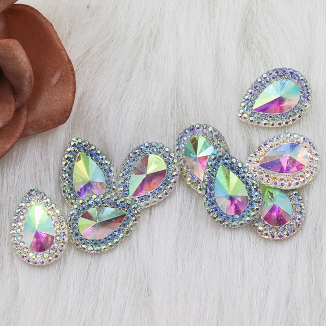 Gema de cristal con forma de gota brillante y colorida, pedrería de resina plana de 13x18mm para costura, apliques artesanales de boda, 25 uds.: White