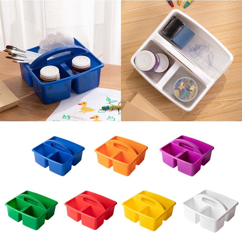 Portable Storage Caddies Box Plastic Divided Basket Bin with 3 Compartments Office Desk Organizer for Art Paint Brushes Colored