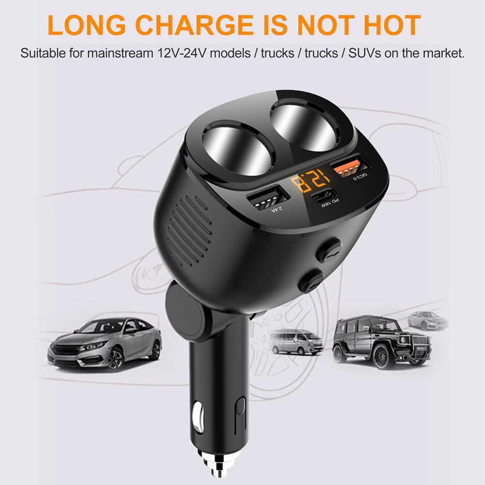 Autolader 2 -weg auto sigarettenaansteker splitter dubbele usb + type -c 12v stroomadapter 5 in 1 snelladen  qc3.0 laders