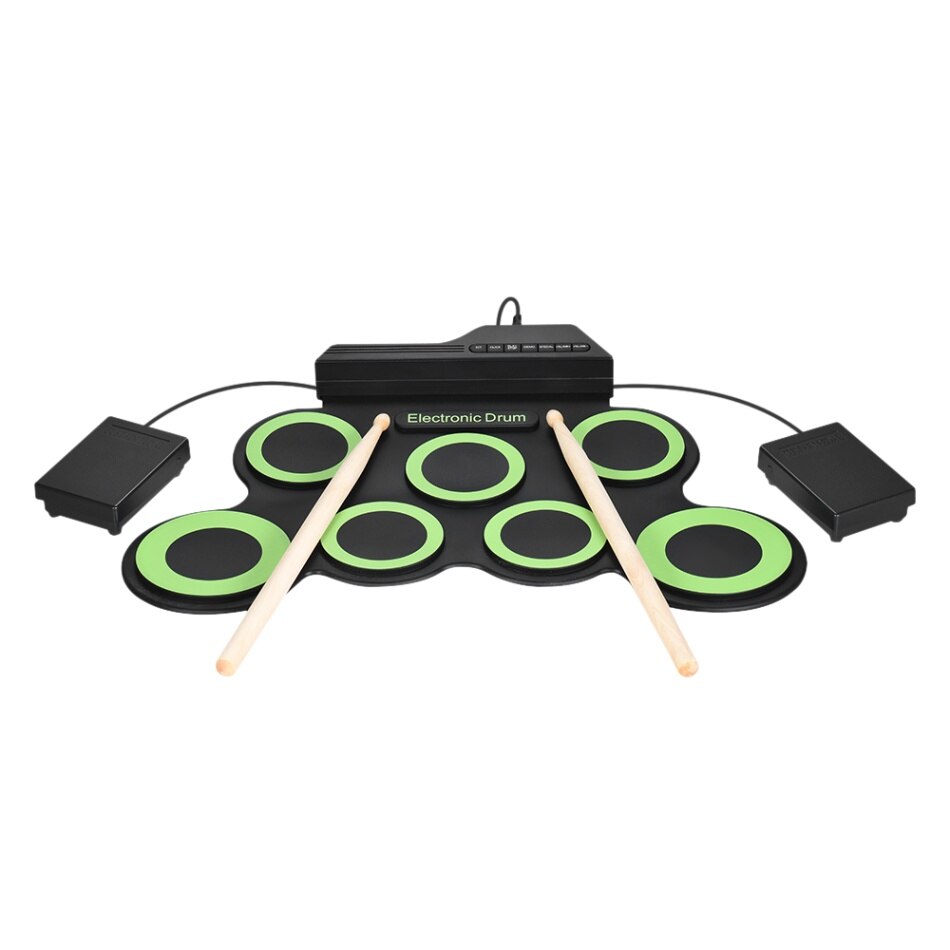 Elektronisk digital usb 9 pads rull opp sett silikon elektrisk trommesett med trommestikker og opprettholde pedal perkusjonsinstrumenter: type 3 grønn