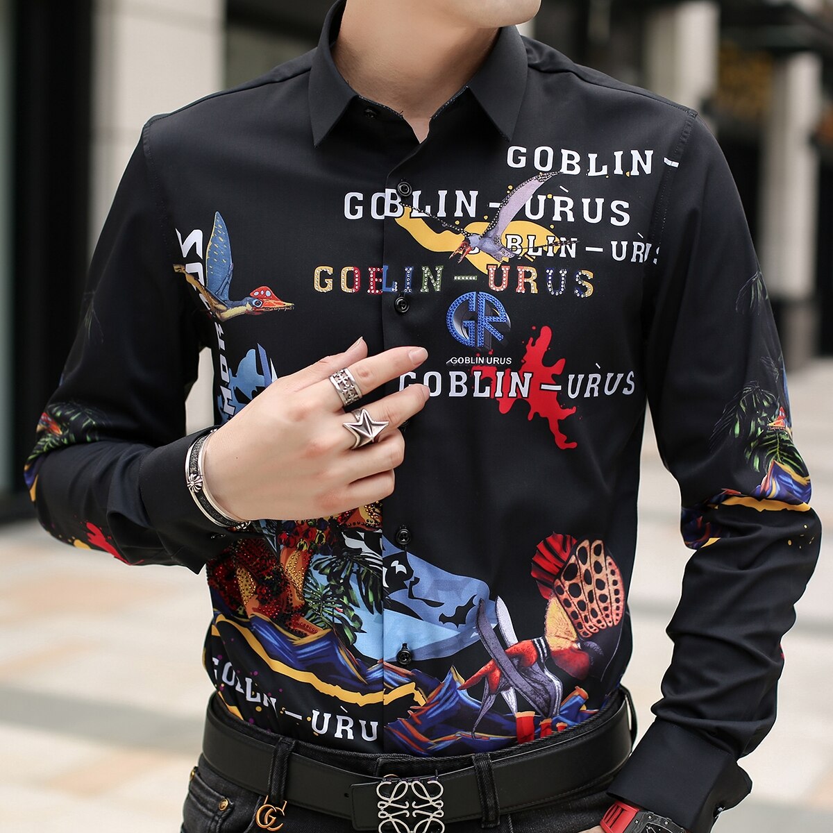 Camisetas con estampado Digital de diamantes de imitación para hombre, camisa de manga larga ajustada informal, ropa de calle para hombre, Tops sociales: Black / XXXL