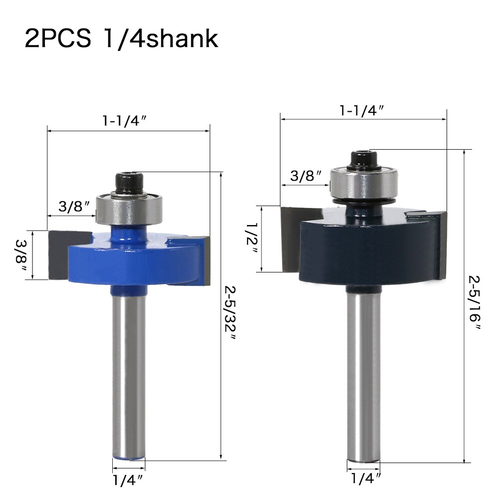 Rabbet Router Bit with 6 Bearings Set - 1/4" Shank 6mm shank Woodworking cutter Tenon Cutter for Woodworking Tools: 2PCS 6.35mm shank