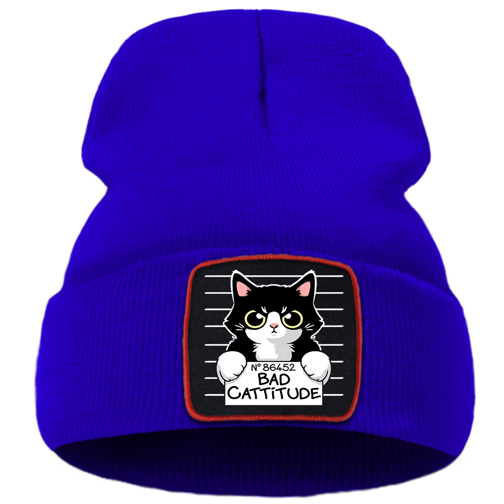 Bonnet en tricot pour femme et garçon, imprimé de dessin animé de chat, pour l&#39;extérieur, décontracté, , à la , Punk, automne: Blue
