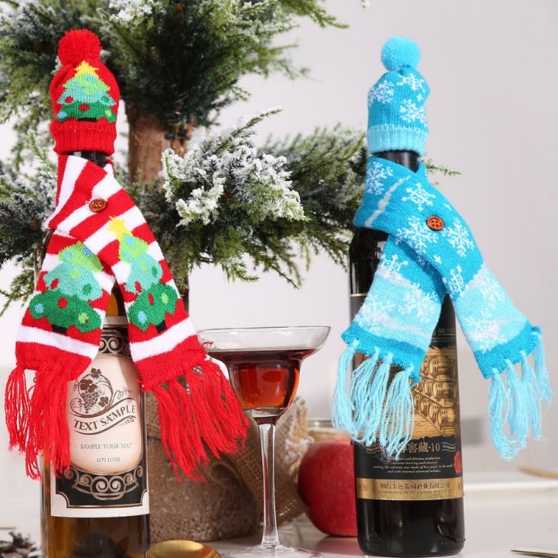 Knitted Ugly Sweater Christmas Wine Bottle Cover Set Scarf And Hat For Xmas Dining Table Decor Wrapping