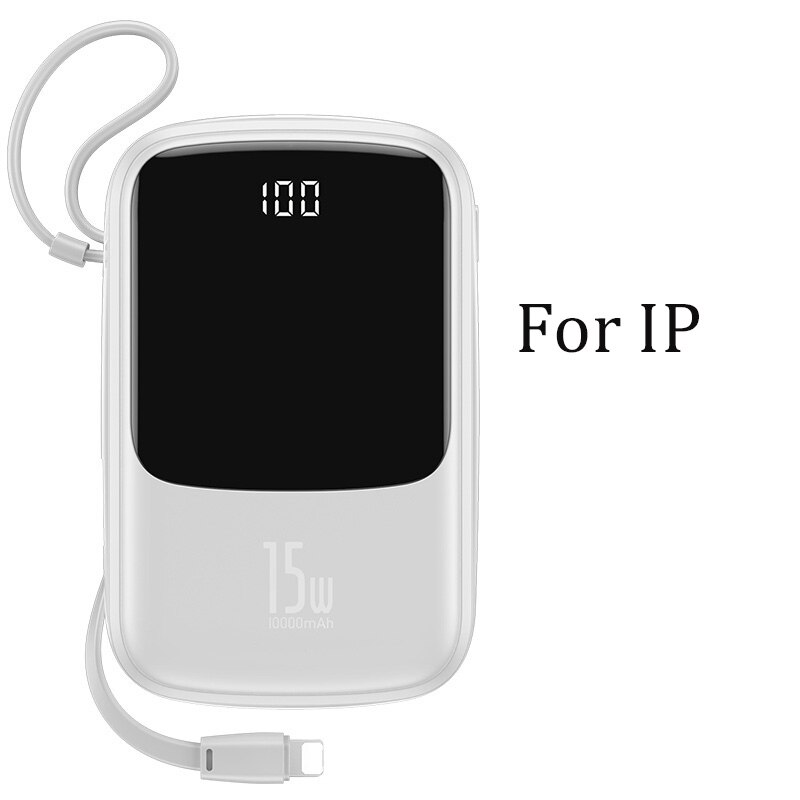 Baseus 10000mAh Mini Power Bank Built in Cables PowerBank External Battery Charger For iPhone 12 11 Pro Xiaomi Samsung Huawei: White with iP Cable
