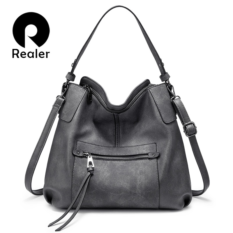 REALER women shoulder bag Large hobos Totes bag crossbody messenger bags for women luxury handbag PU leather gray hand bag