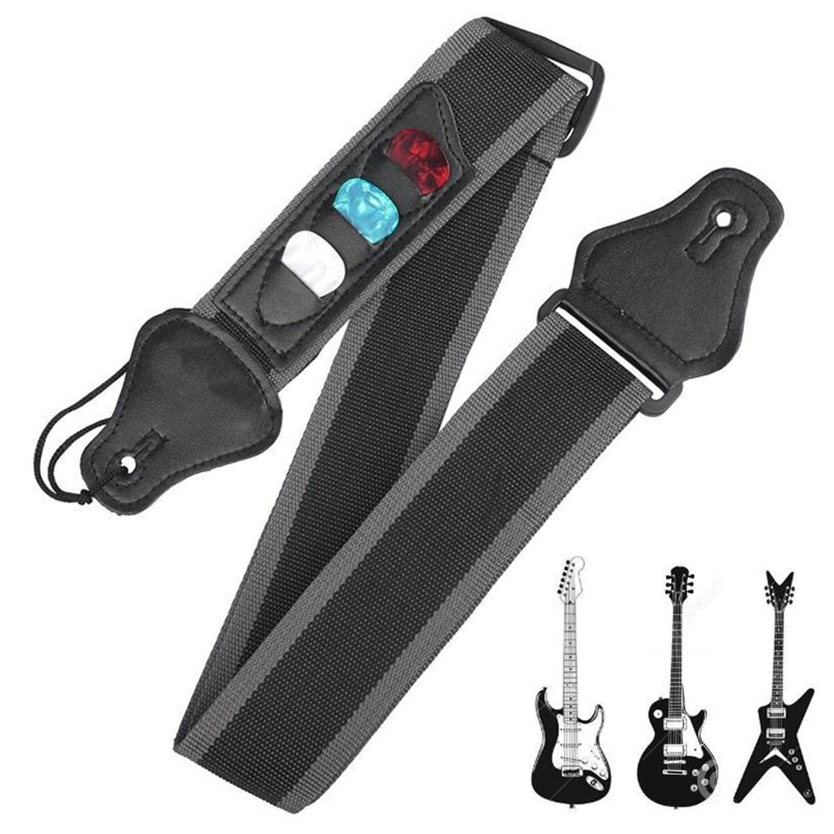 Correia de guitarra elétrica ajustável com 3 suportes de palhetas de guitarra, extremidades de couro pu, guitarra acústica, baixo, acessórios de cinto