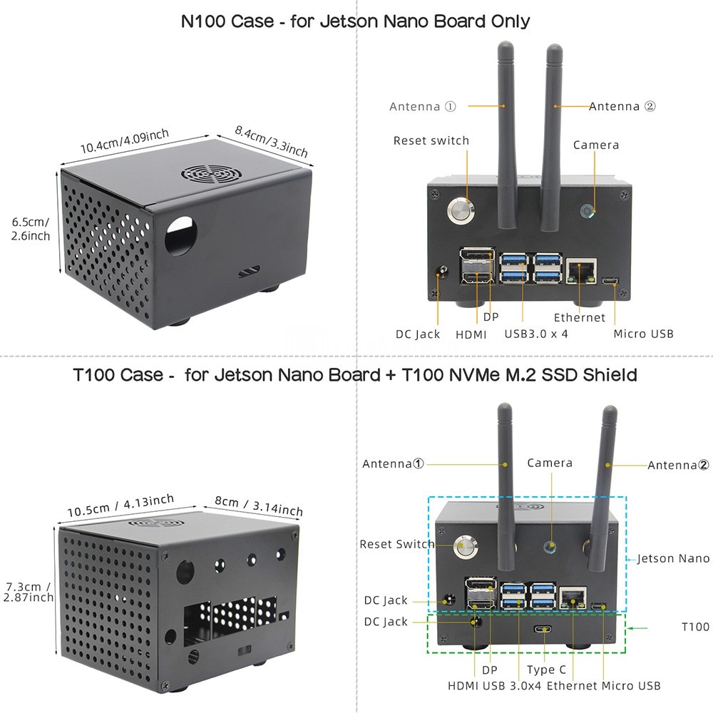 NVIDIA Jetson Nano T100 Metal Case for NVIDIA Jetson Nano Developer Kit and T100 NVMe M.2 SSD Shield