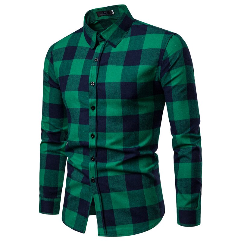 Plaid skjorte efterår vinter flannel rød ternet skjorte herre skjorter lange ærmer chemise homme bomuld herre terne skjorter: Grøn / Xxl