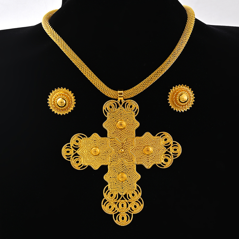 Saoedi-Arabië 24K Goud Kleur Ethiopië Vrouwen Sieraden Ketting Oorbel Afrikaanse Arabische Bruids Set Habesha Eritrea Party: Licht Geel Goud Kleur
