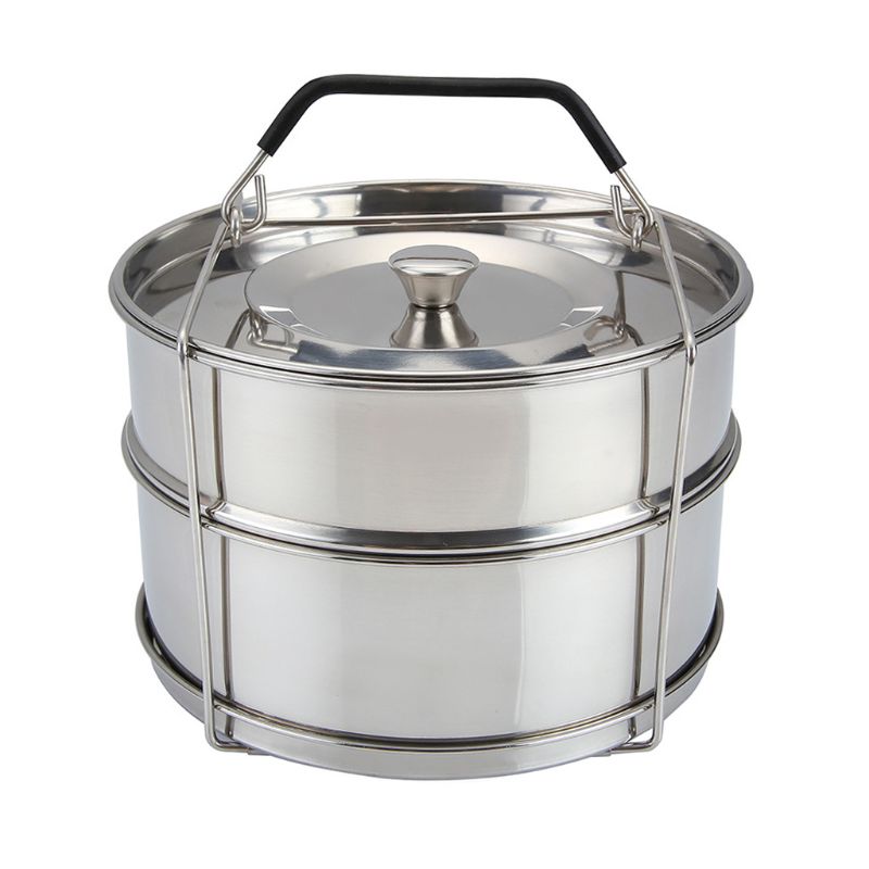 Stainless Steel Double Layer 2 Lid Stackable Steamer with Handheld Clamping Frame Home Kitchen Cooking Tools for Pressure Cooker