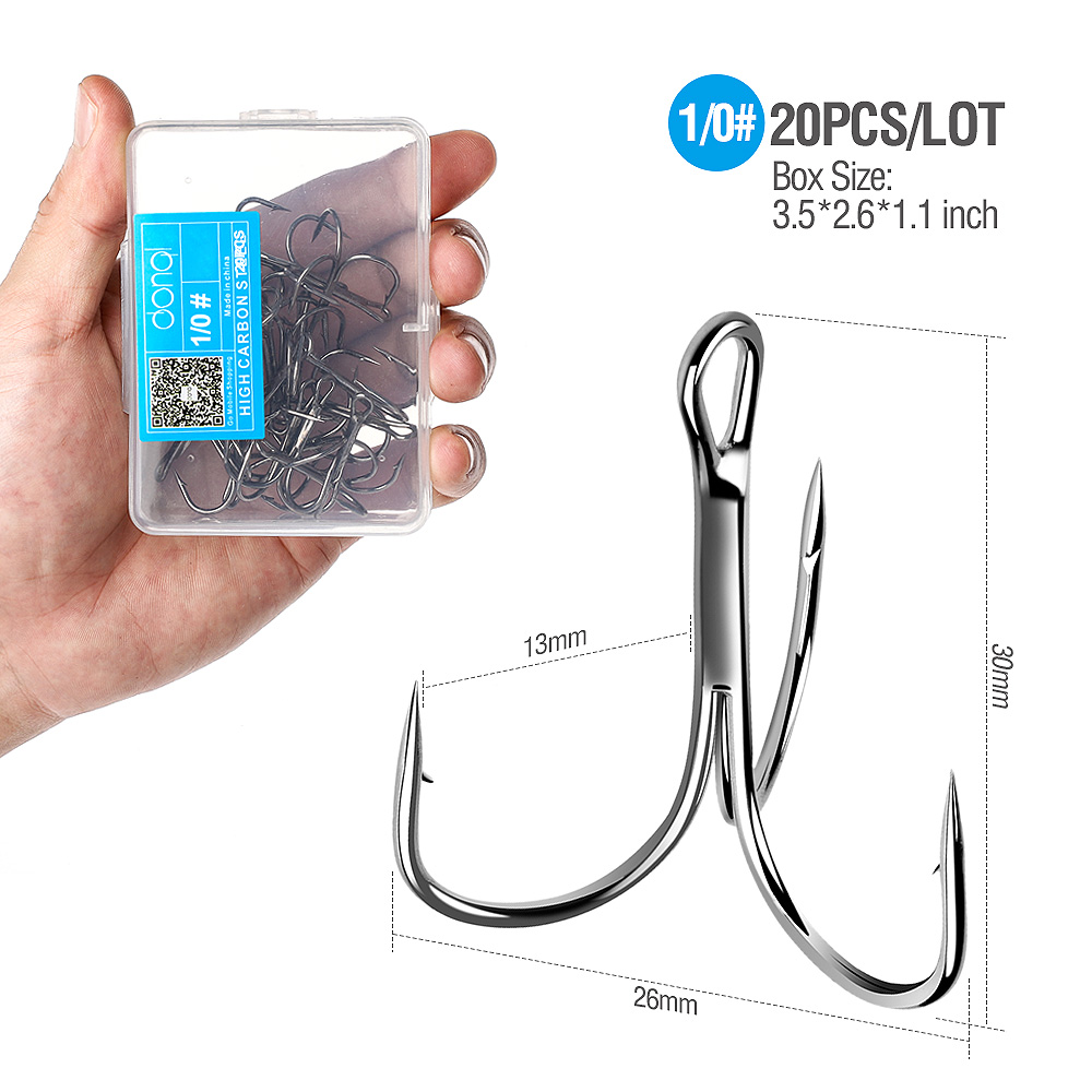 DONQL 20pcs/Box Treble Fishing Hooks Carbon Steel Barbed Fishhooks Set Triple Hooks Sea Fishing Tackle Accessories For Lures: Size 1l0