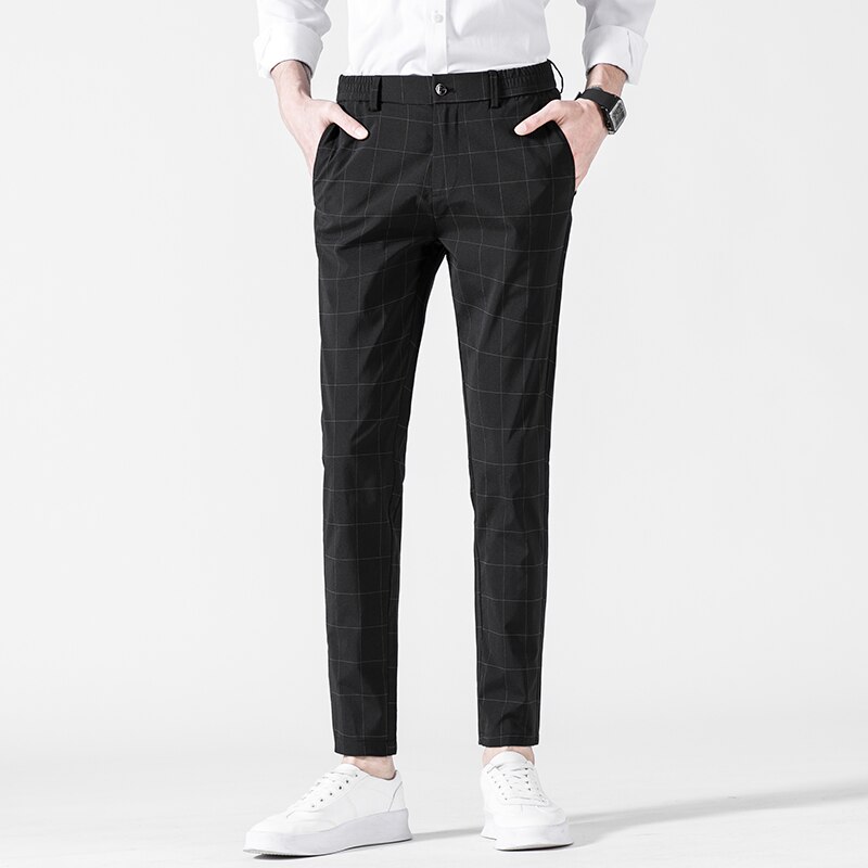 Classique costume pantalon hommes mince rayé Plaid pantalons droits décontracté vêtements pour hommes bureau affaires rétro ville costume pantalon: Black / 32