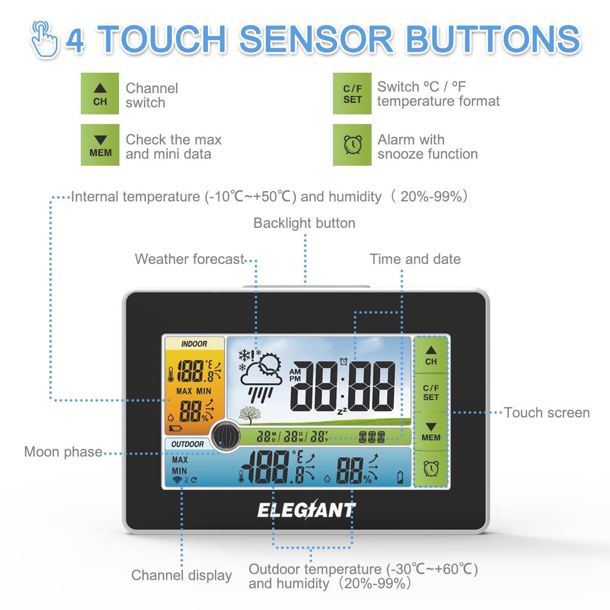 Elegiant Lcd Digitale Touch Weerstation & Outdoor Sensor Thermometer Hygrometer Vochtigheid Temperatuur Instrumenten 3CH