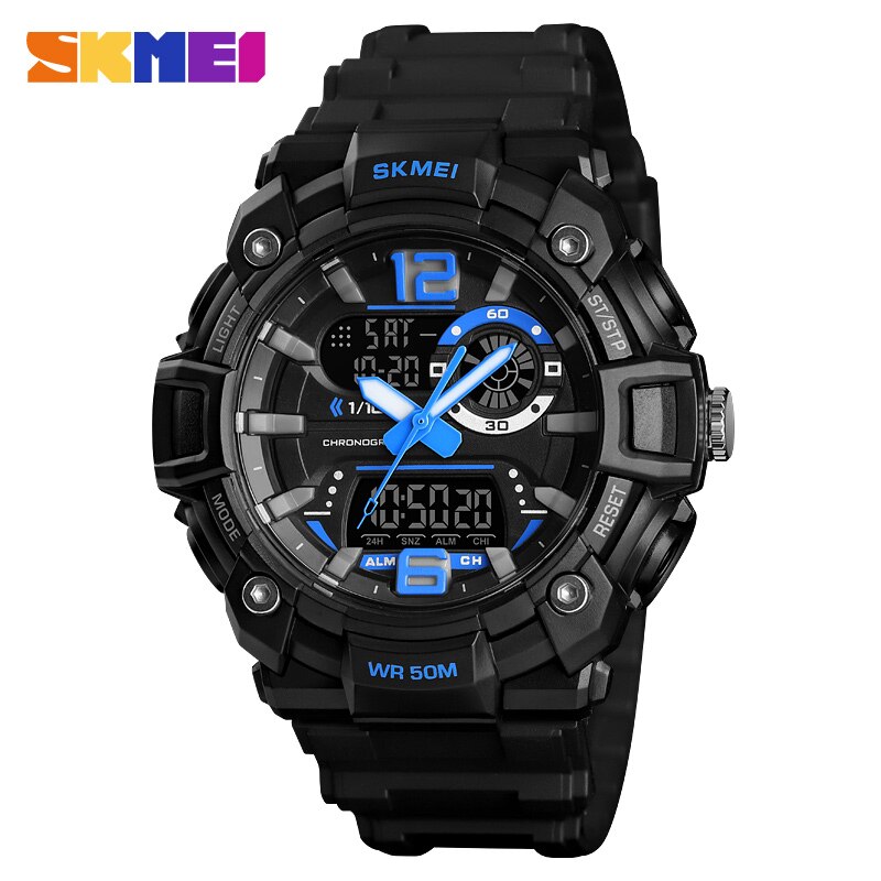 SKMEI-montre numérique de Sport pour hommes, double affichage, étanche, lumineuse 3 fois, multifonction, 1529: Bleu
