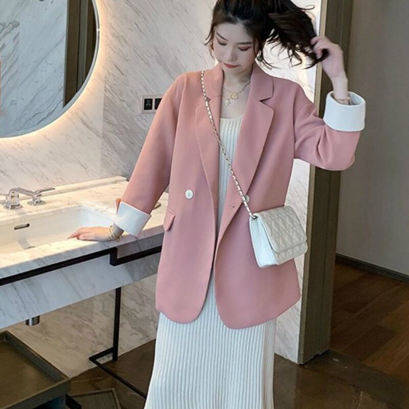 Blazer , col échancré pour femmes, Patchwork, style coréen, ample, pour femmes, bureau, , tendance, nouveauté décontracté