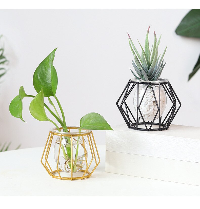Terrario florero de vidrio dorado nórdico, florero de línea de hierro geométrico hidropónico para plantas, soporte de Metal para plantas, decoración moderna para el hogar