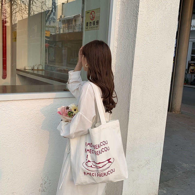 Women Canvas Shopping Bag Large Capacity White Cotton Fabric Shoulder Bag Ladies Handbag Casual Tote Foldable Bags For Groceries