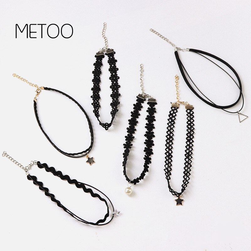 METOO 11pcs Dei Monili Delle Ragazze per I Bambini Nero Della Collana Multi Strato di Pizzo Catene Choker Della Collana Per Bambini Gotico Stretch Gioielli Bambino