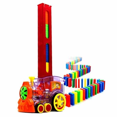 Domino togbillegetøj automatiske sæt  up 60 stk domino med lastning af patronlys og lydlegetøj til børnebarn: Gennemsigtig ingen kasse