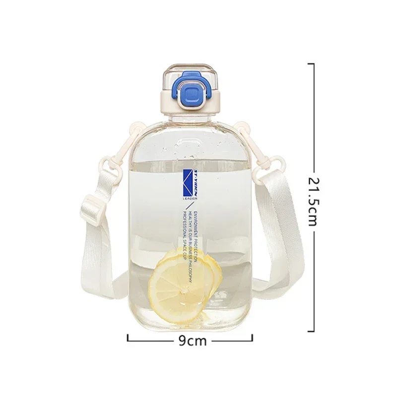 Botella de agua transparente cuadrada y plana, cantimplora de viaje portátil con correa ajustable, botella delgada para deporte y Camping