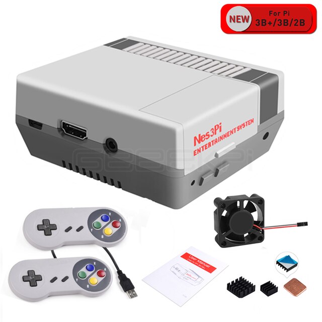 GeeekPi Nes3Pi NES Style Case Kit ABS Functional Cooling Fan Heatsinks Screwdrivers for Raspberry Pi 3B+ / 3B /2B: Case and controllers