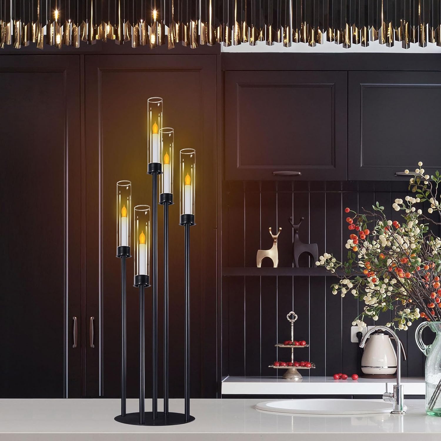 Black Candle Holder with Acrylic Cylinder for LED Candles 5-Head Metal Candle Holder Wedding Centerpiece Ceremony