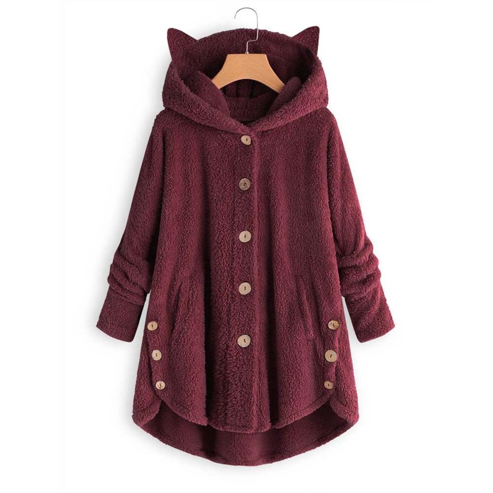 Wol Blend Vrouwen Knop Kat Oor Jas Pluizige Turn-down Kraag Uitloper Jacket Casual Tops Hooded Trui Losse trui #45
