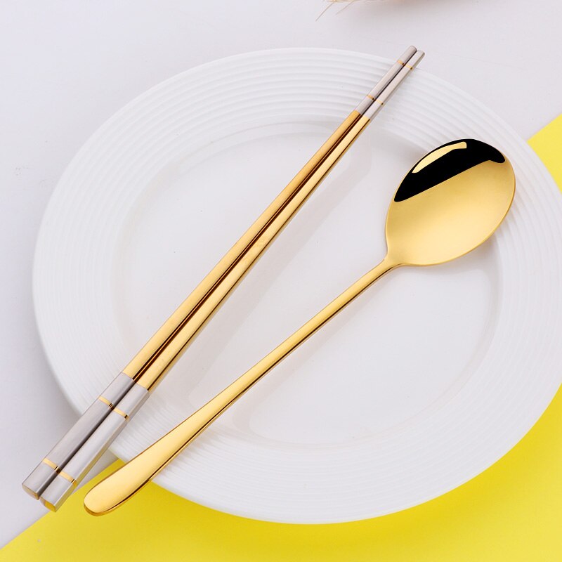 Hashi Silver 18/10 Stainless Steel Korean Chopstick and Spoon Set Dinnerware Black Dessert Spoon Long Handle Chop Sticks Set: Gold