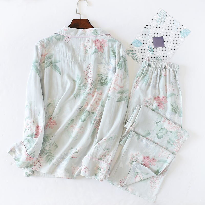 Spring Cotton Women's Sleepwear Fresh Flower Printed Pajamas Set Female Casual Long Sleeve Top AND Pant Ladies Homewear