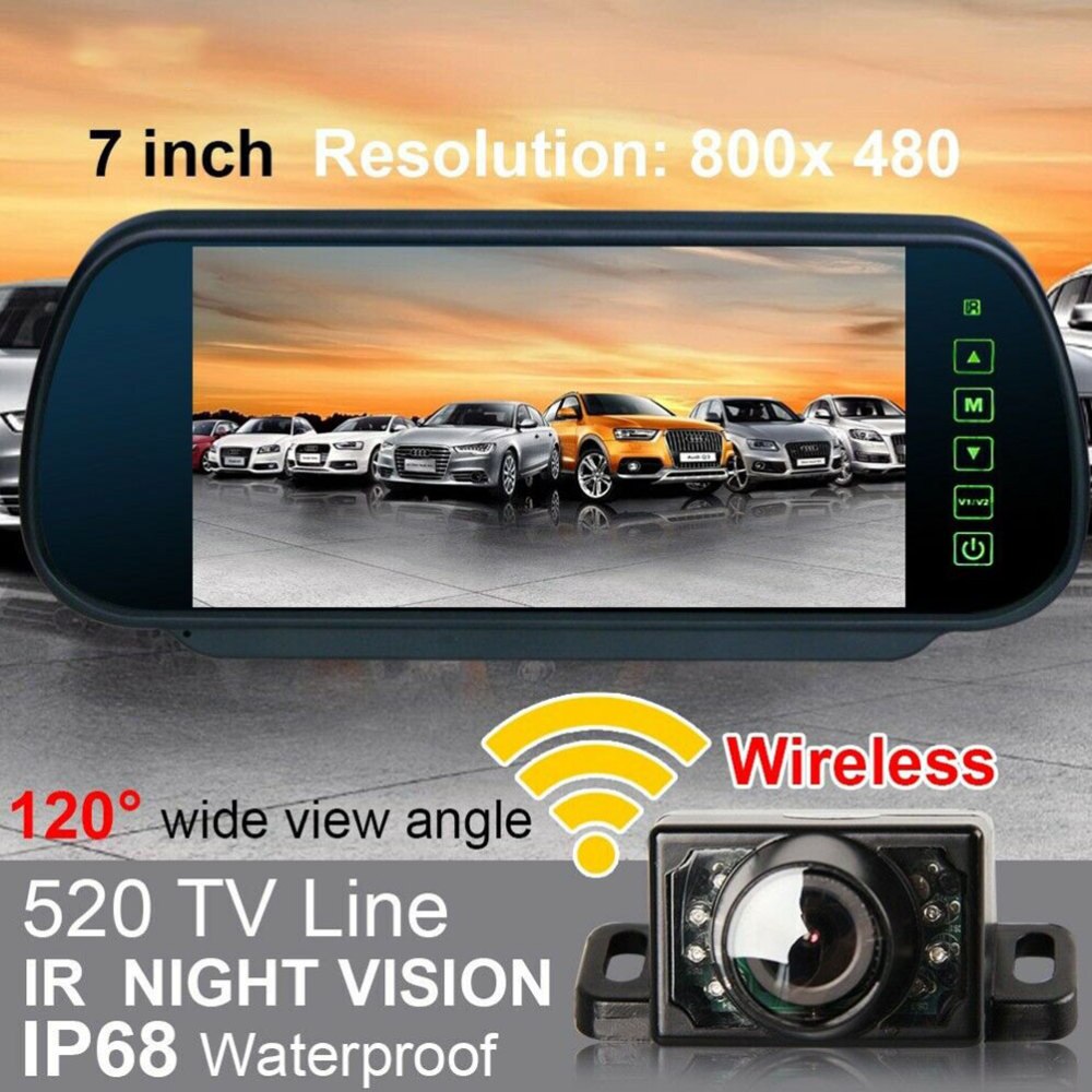 7 Inch Wireless Car Rear Mirror Monitor Wireless Adapter Reversing Camera