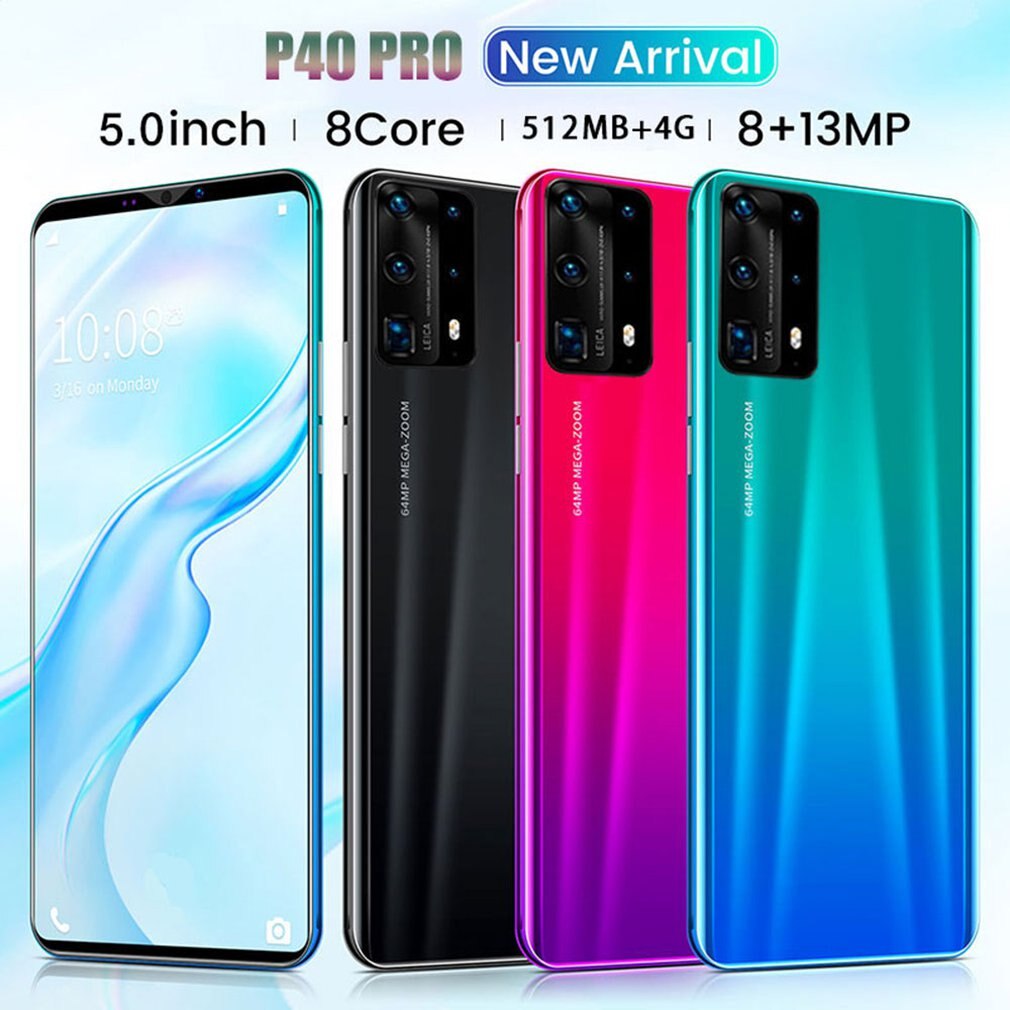Double-Core P40 Pro Smartphone 5 pouces écran Smartphone 512M + 4G Android Smartphone 3D verre plaqué couverture arrière