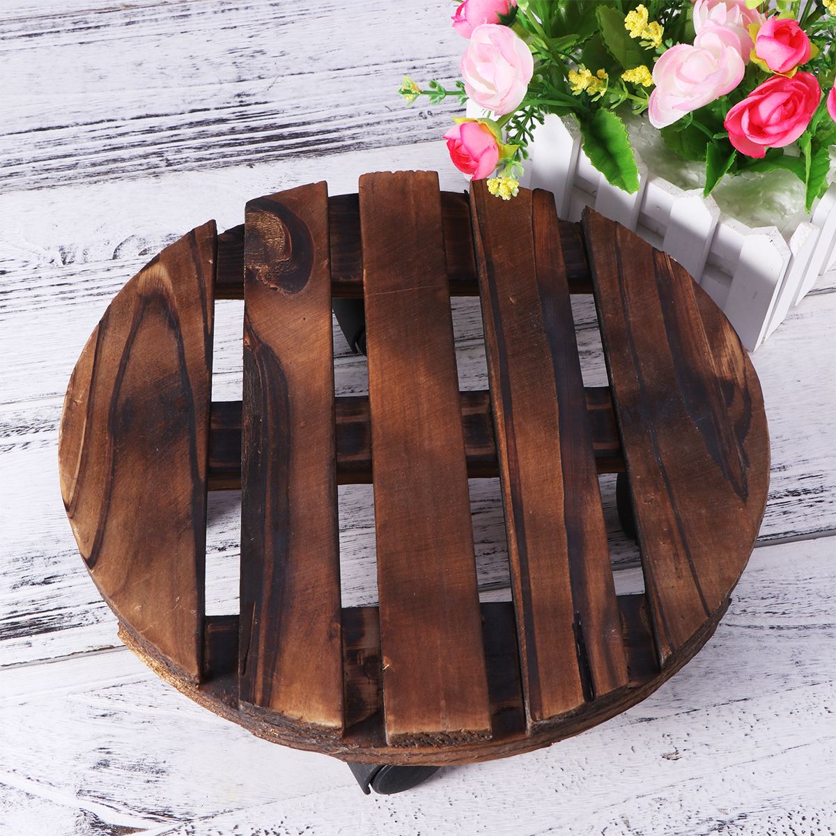 Wheeled Rolling Wooden Planter Caddy Movable Plant Flower Pot Stand with Wheels for Outdoor Garden Home